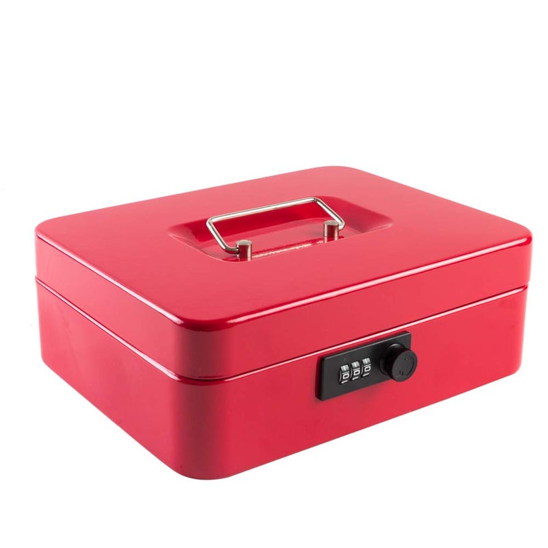 KYODOLED Large Cash Box with Combination Lock Safe Metal Money Box with Money Tray for Security Lock Box 9.84"x 7.87"x 3.54" Red Large - Image 1